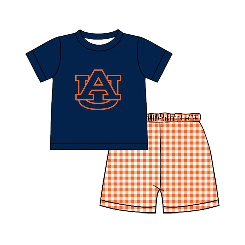 (Custom Design Preorder MOQ 5 ) Team's Auburn Navy Top Plaid Shorts Boys Summer Clothes Set