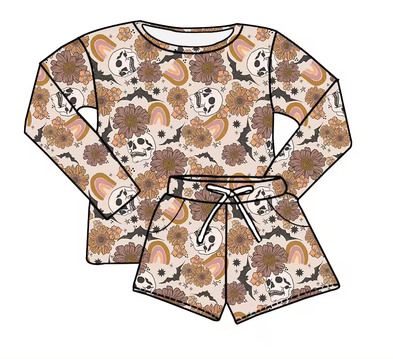 (Custom Design Preorder MOQ 5) Skull Flowers Rainbow Long Sleeve Top Shorts Girls Halloween Clothes Set