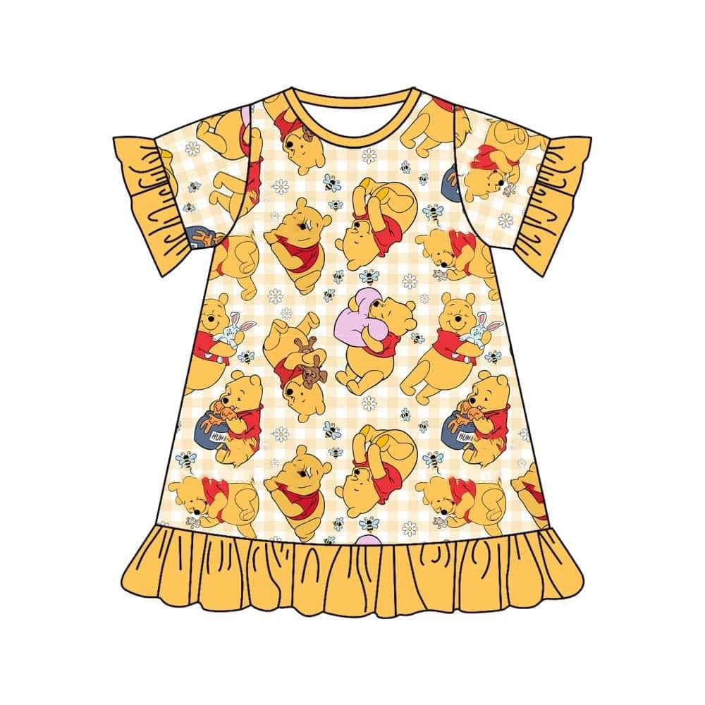 (Custom Design Preorder MOQ 5) Cartoon Bear Yellow Print Girls Knee Length Dress