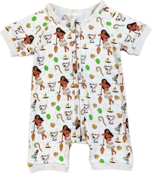 (Custom Design Preorder MOQ 20)  Cartoon Princess White Print Baby Girls Bamboo Summer Sleeper Zipper Romper