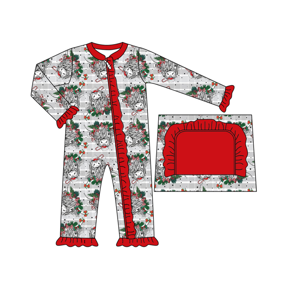 (Custom Design Preorder MOQ 20) Highland Cow Print Baby Girls Bamboo Christmas Sleeper Zipper Romper