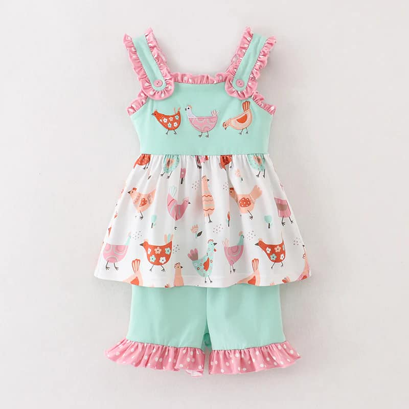 (Custom Design Preorder MOQ 5) Flowers Chicken Tunic Top Ruffles Pants Girls Summer Clothes Set