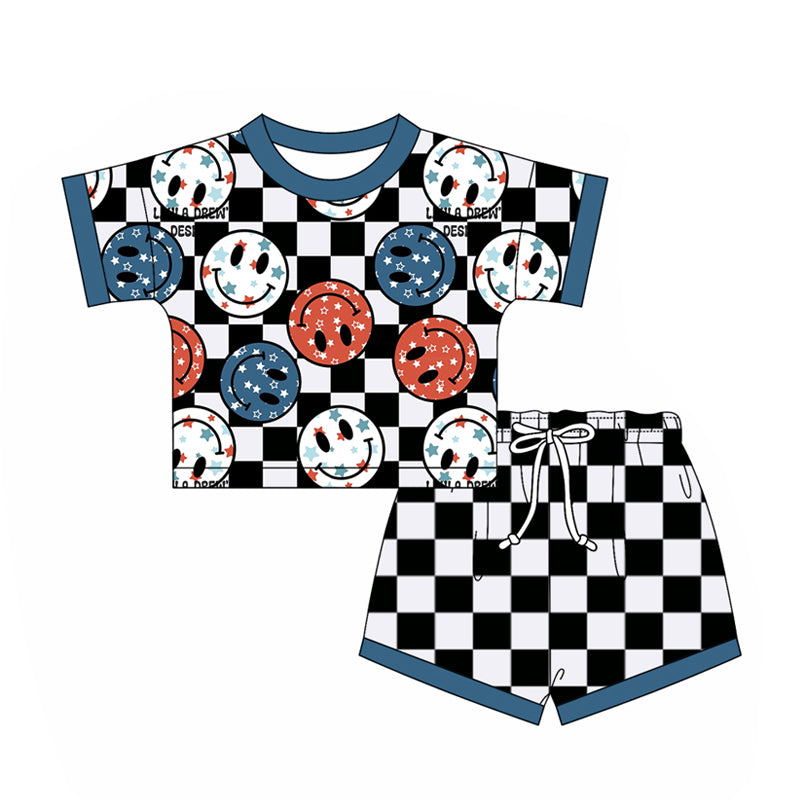 2.24(Custom Design Preorder MOQ 5) Smiling Face Stars Top Plaid Shorts Kids 4th of July Clothes Set