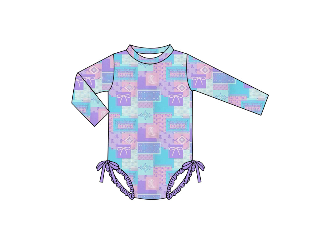 (Custom Design Preorder MOQ 5) HOWDY BOOTS Purple Bows Print Girls Long Sleeve 1 Piece Swimsuits