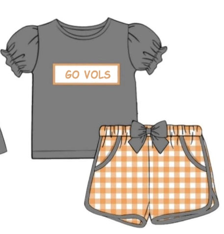 (Custom Design Preorder MOQ 5) Team's GO VOLS Grey Top Plaid Shorts Girls Clothes Set