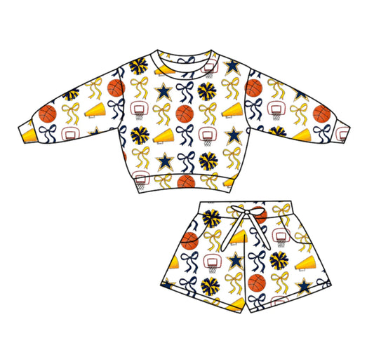 (Custom Design Preorder MOQ 5) Go Team Basketball Bows Long Sleeve Top Pockets Shorts Girls Clothes Set
