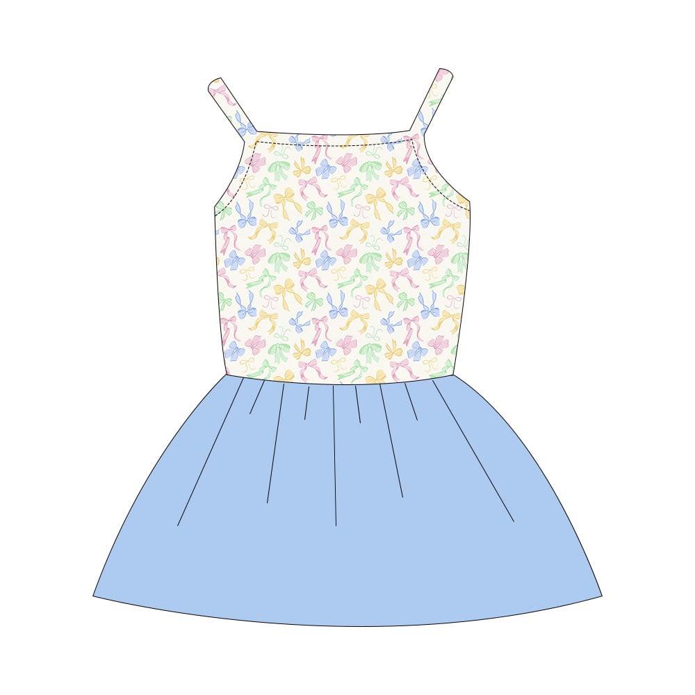 (Custom Design Preorder MOQ 5) Colorful Bows Print Girls Summer Blue Knee Length Dress