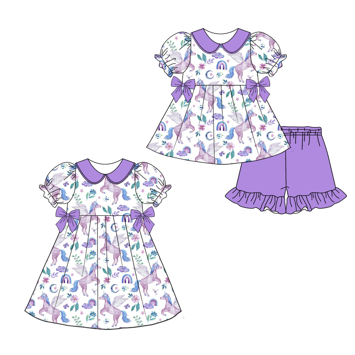3.29(Custom Design Preorder MOQ 5 Each Design) Unicorn Flowers Purple Print Girls Summer Matching Clothes Sisters Wear