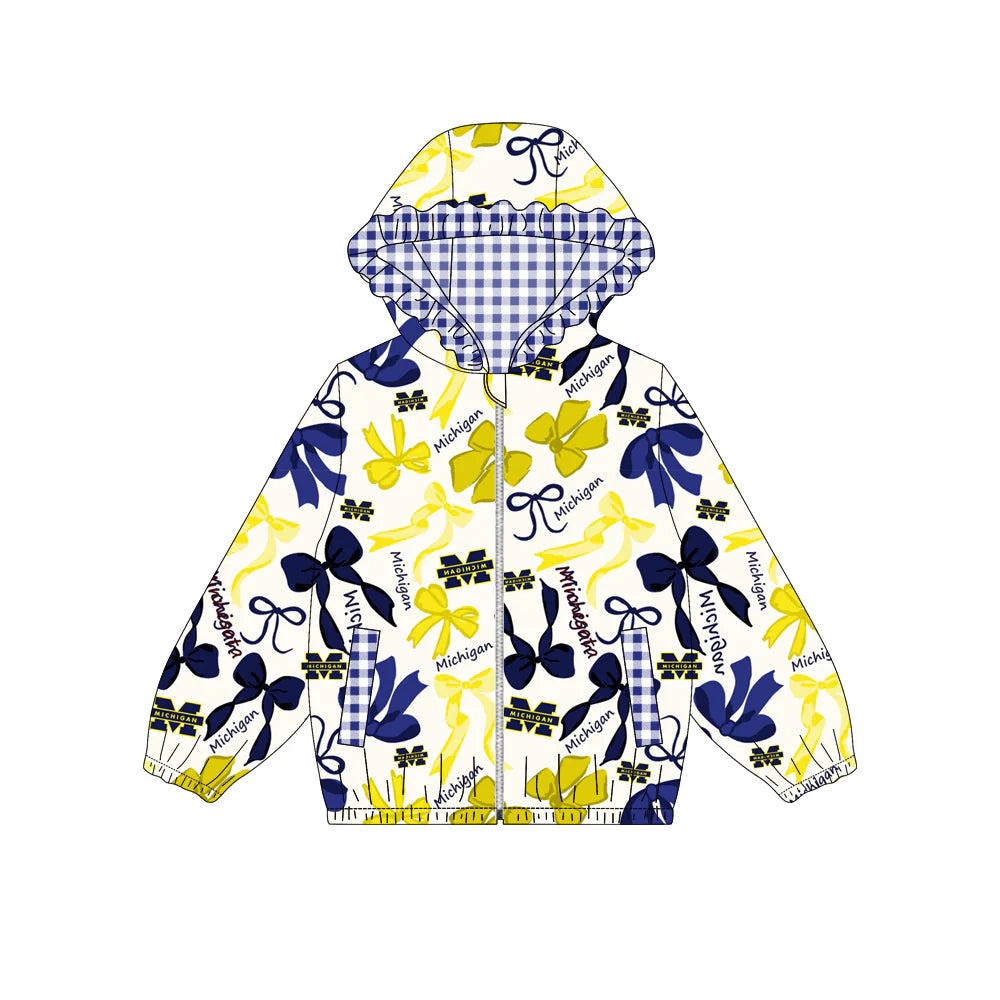 (Custom Design Preorder MOQ 5) Team's MICHIGAN Bows Print Pockets Girls Long Sleeve Zipper Jackets Top