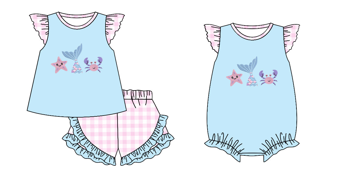 12.4 (Custom Design Preorder MOQ 5 Each Design) Starfish Mermaid Crab Pink Print Girls Summer Matching Clothes Sisters Wear