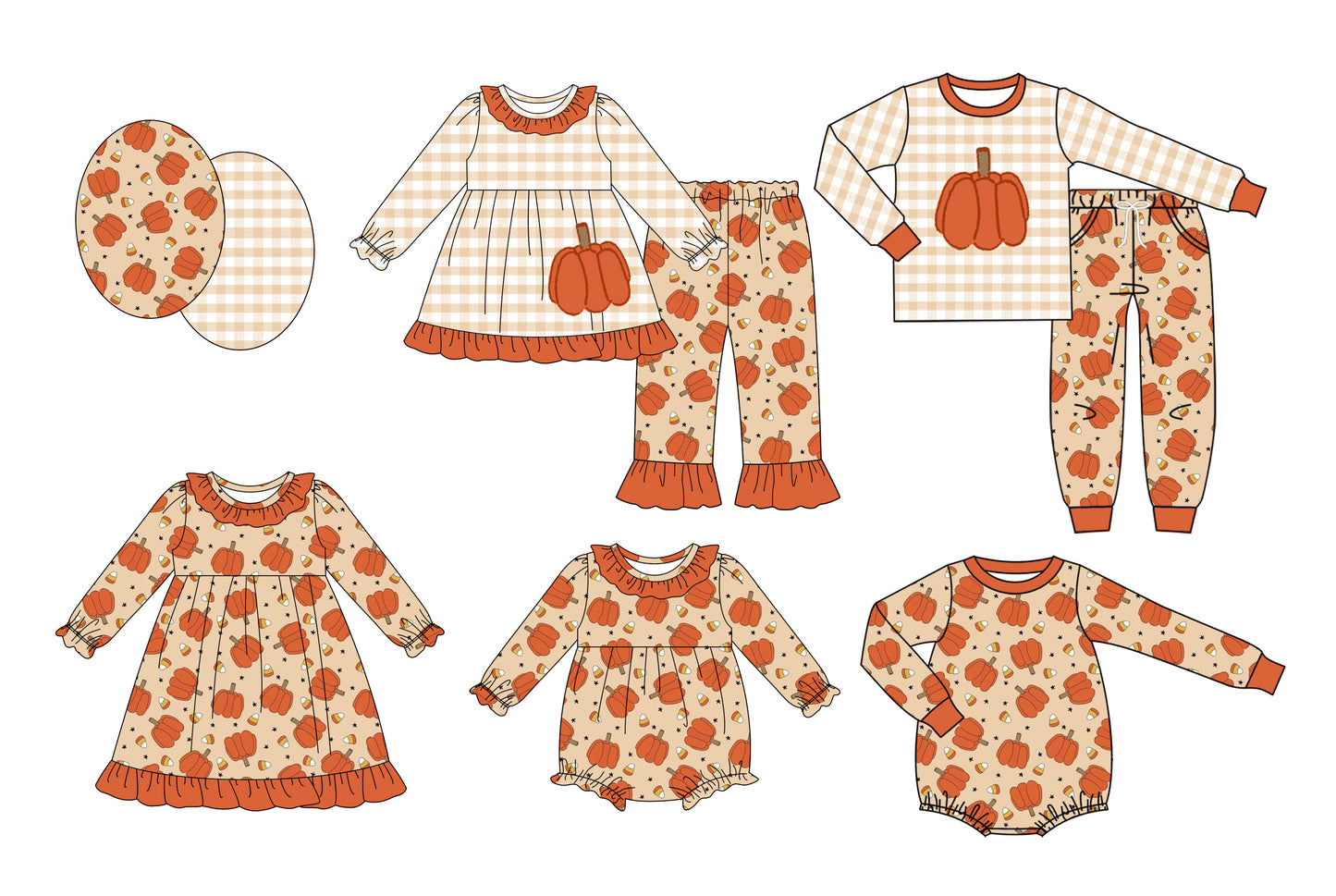 7.18(Custom Design Preorder MOQ 5 Each Design) Pumpkin Candy Orange Print Kids Fall Matching Clothes Sibling Wear