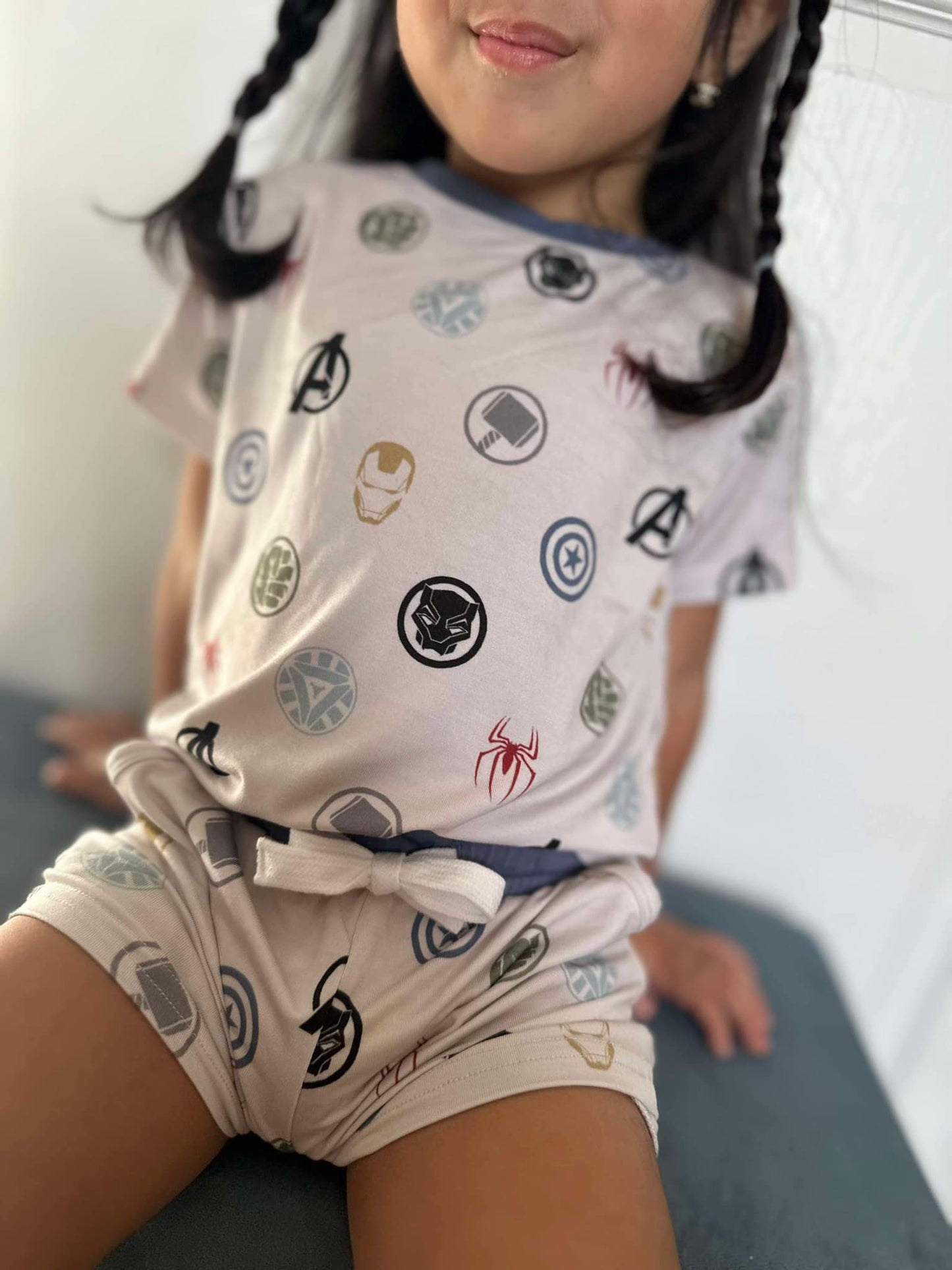(Custom Design Preorder MOQ 5) Cartoon Hero Logo Print Shorts Kids Summer Clothes Set