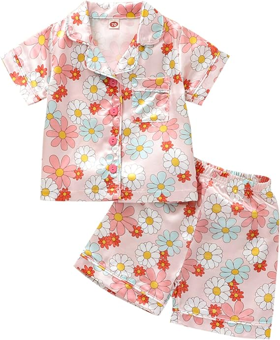 (Custom Design Preorder MOQ 5) Colorful Flowers Print Girls Summer Pajamas Clothes Set
