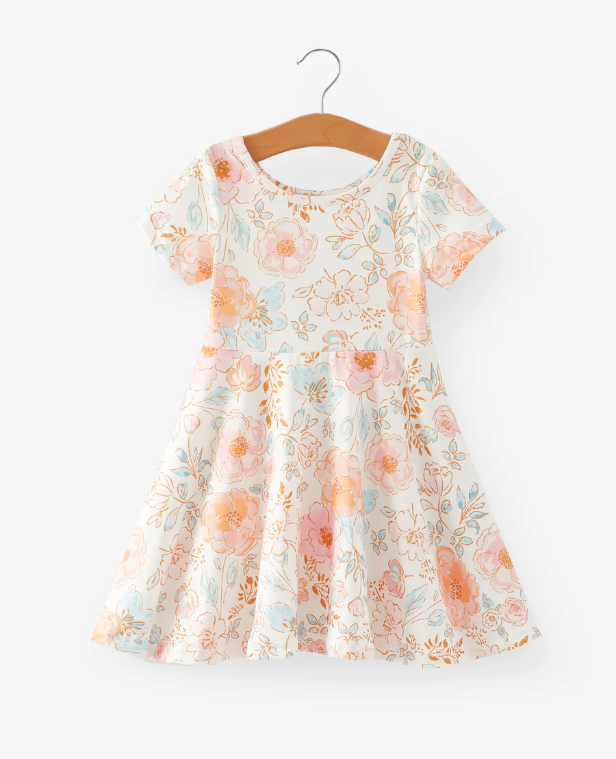 (Custom Design Preorder MOQ 5) Flowers Print Girls Summer Knee Length Dress