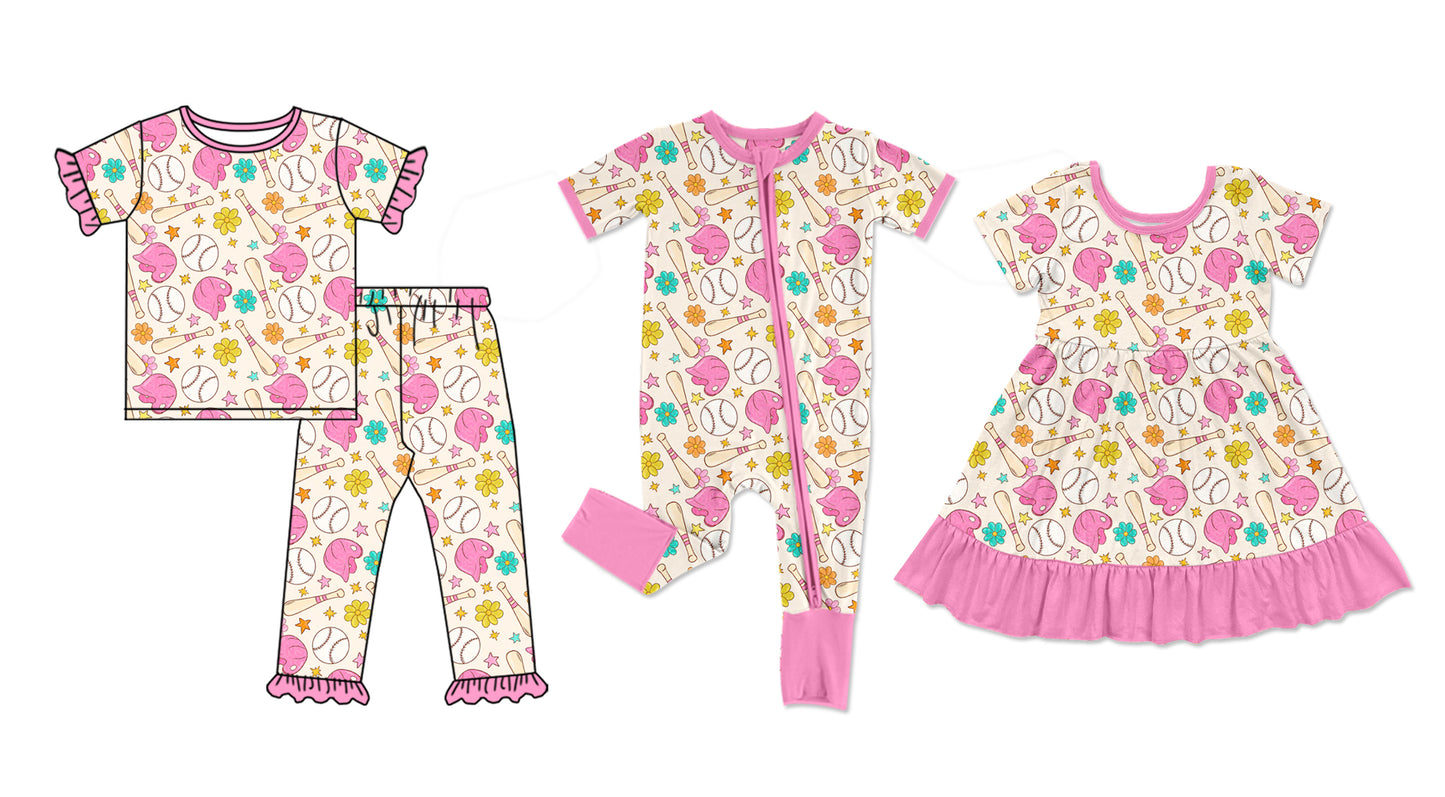 11.28(Custom Design Preorder MOQ 5 Each Design) Baseball Flowers Pink Print Girls Mardi Gras Matching Clothes Sisters Wear