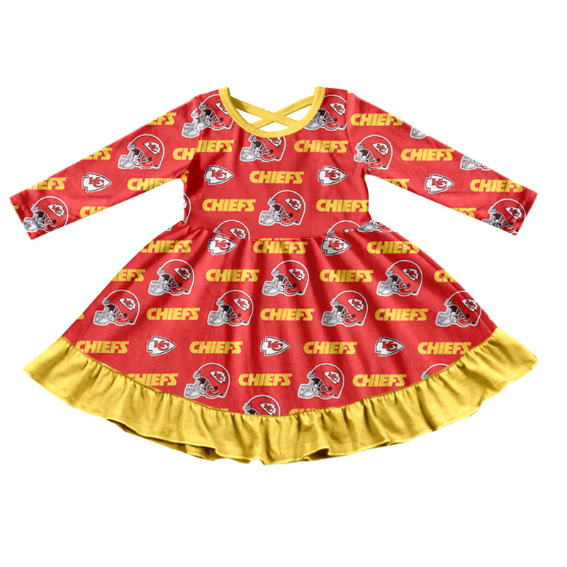 (Custom Design Preorder MOQ 5) Team's KC Red Yellow Print Girls Fall Knee Length Ruffle Dress