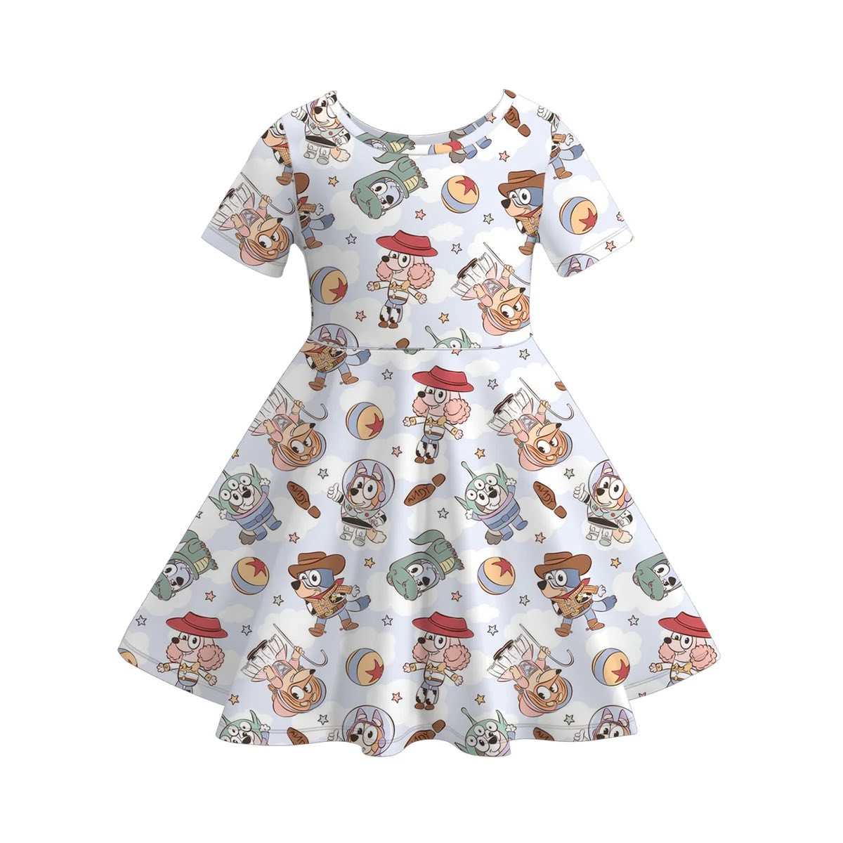 (Custom Design Preorder MOQ 5) Cartoon Dog Toys Print Girls Summer Knee Length Dress