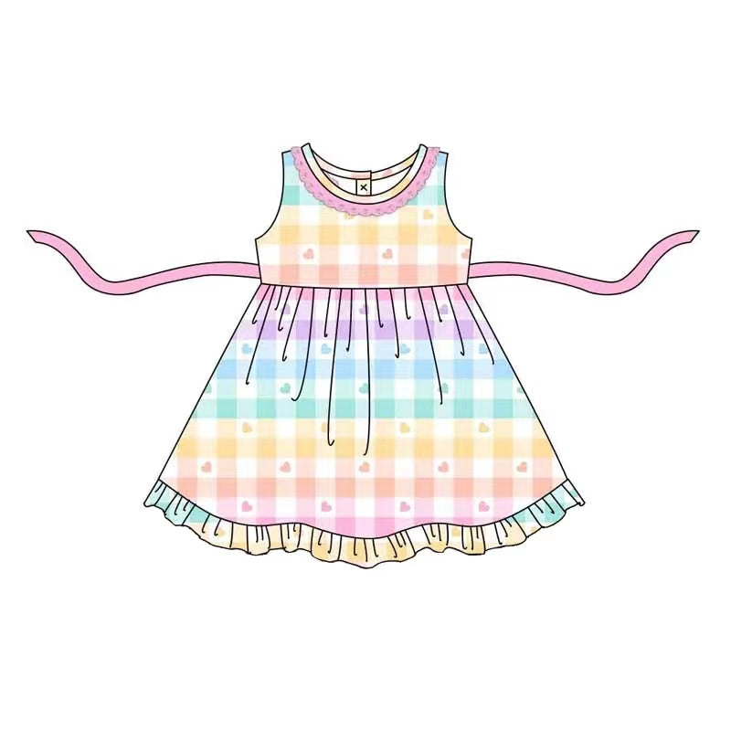(Pre-order)GSD0579 Rainbow Plaid Heart Print Girls Knee Length Dress