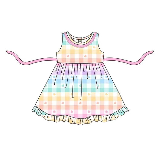 (Pre-order)GSD0579 Rainbow Plaid Heart Print Girls Knee Length Dress