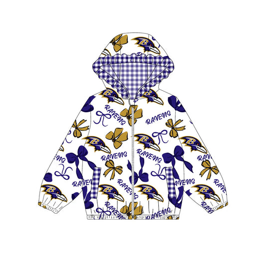 (Custom Design Preorder MOQ 5) RAVENS Bows Print Pockets Girls Long Sleeve Zipper Jackets Top