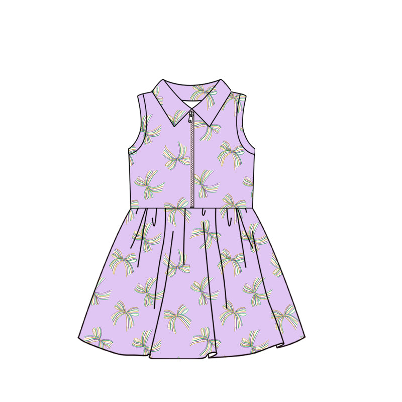 (Custom Design Preorder MOQ 5) Bows Purple Print Zipper Top Shorts Skirts Girls Mardi Gras Yoga Dress