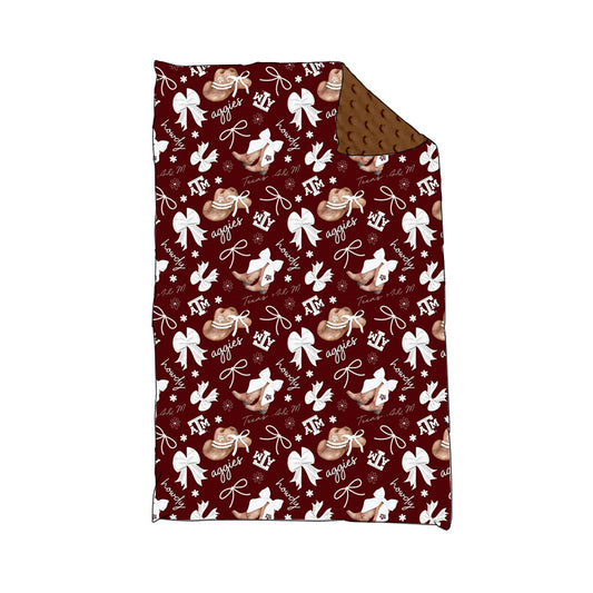 (Custom Design Preorder MOQ 5) Team's TEXAS A&M Hat Boots Bows Print Baby Minky Blanket