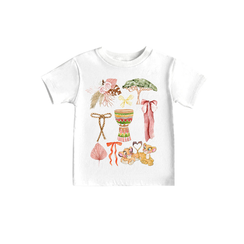 (Custom Design Preorder MOQ 5)NO.25 Cartoon Lion Bows Print Girls Summer Tee Shirts Top