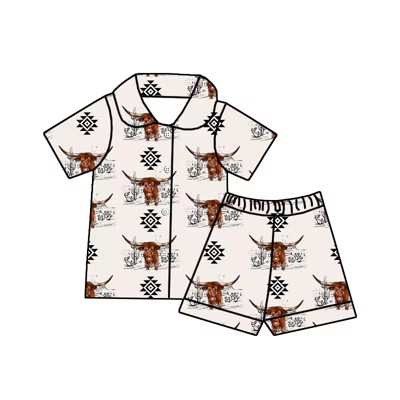 (Custom Design Preorder MOQ 5) Aztec Highland Cow Print Kids Summer Pajamas Western Clothes Set