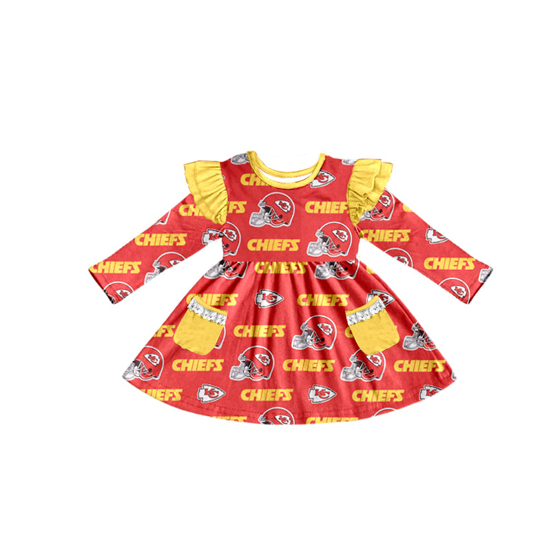 (Custom Design Preorder MOQ 5) Team's KC Red Yellow Print Girls Fall Knee Length Pockets Dress