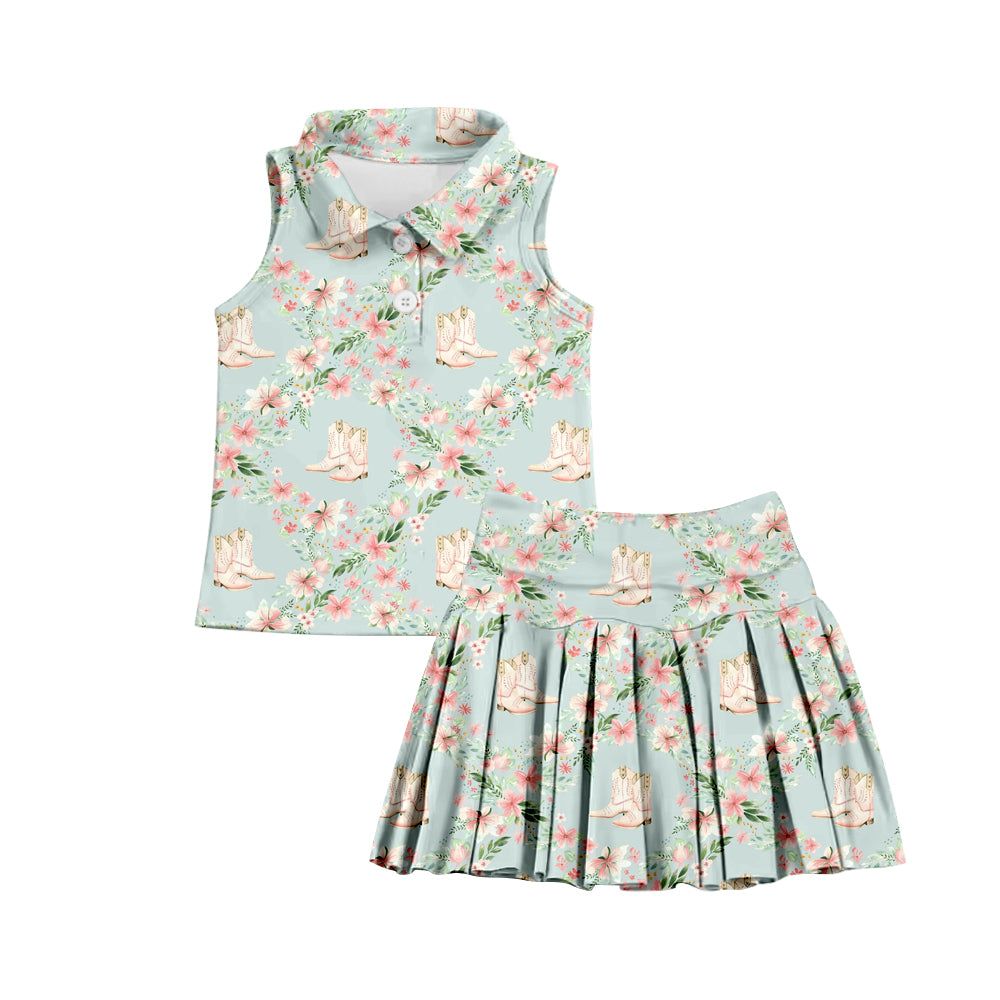 (Custom Design Preorder MOQ 5) Boots Flowers Print Shorts Skirts Girls Summer Yoga Clothes Set