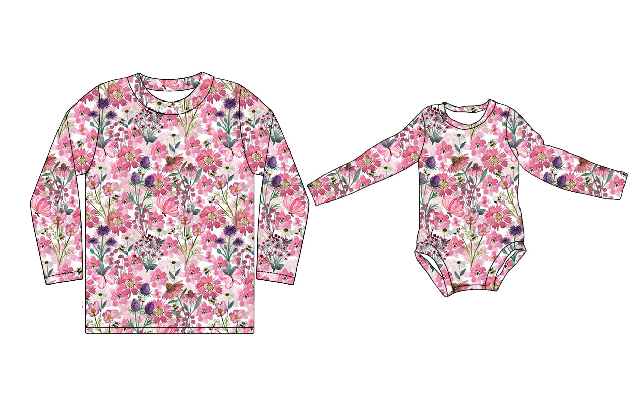 11.11(Custom Design Preorder MOQ 5 Each Design) Pink Flowers Print Adult Top Baby Romper Mom and Me Matching Clothes