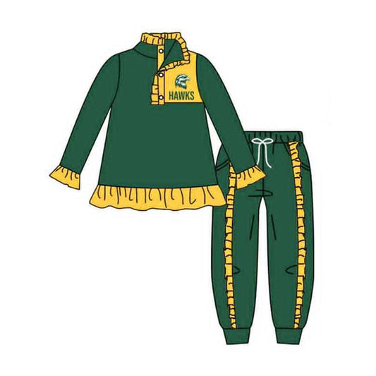 (Custom Design Preorder MOQ 5) Team's Hawks Green Print Pullover Top Pockets Pants Girls Fall Clothes Set