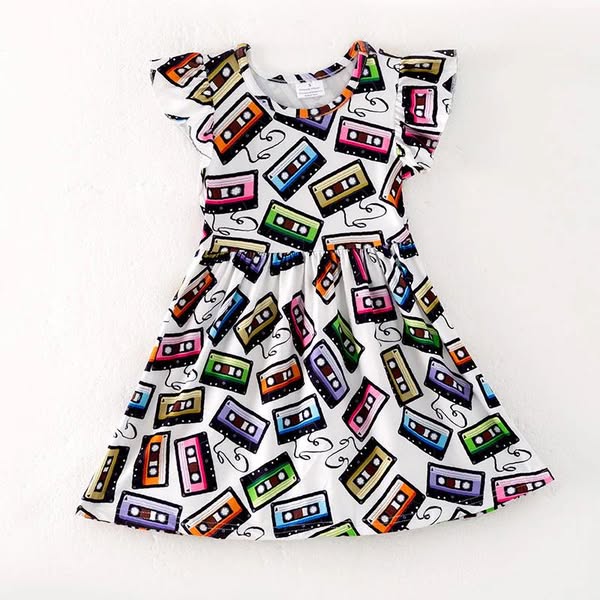 (Custom Design Preorder MOQ 5) Colorful Tape Print Girls Summer Knee Length Dress