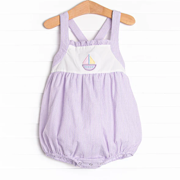 (Custom Design Preorder MOQ 5) Sailboat Purple Stripes Print Baby Girls Summer Bubble Romper