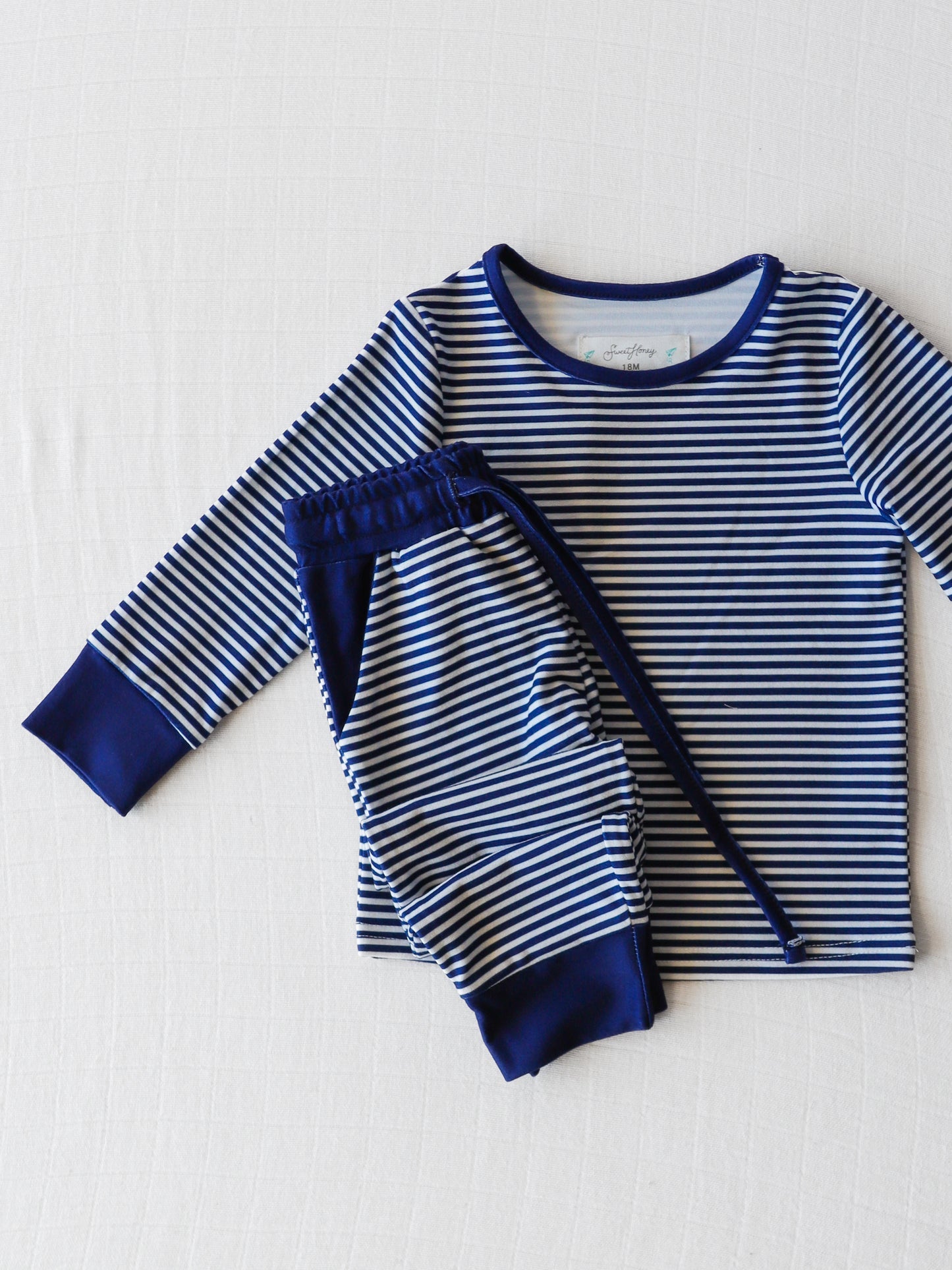 (Custom Design Preorder MOQ 20) Blue Stripes Print Boys Fall Pajamas Bamboo Clothes Set