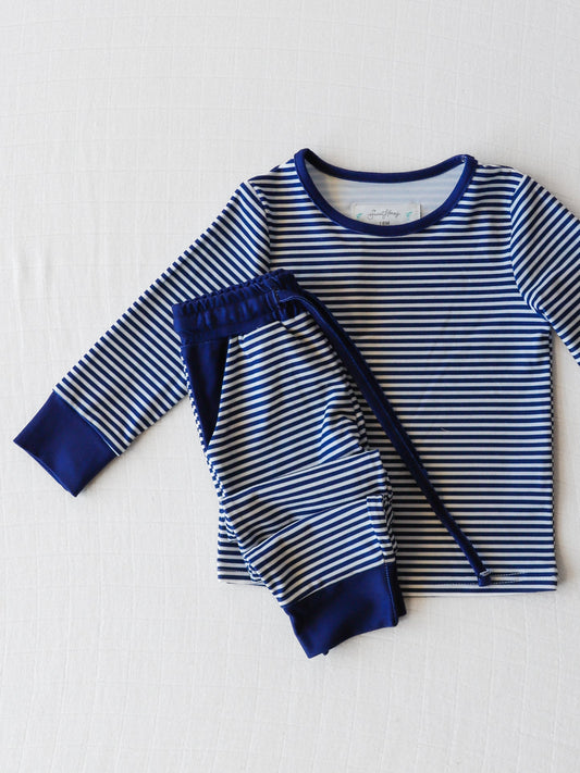 (Custom Design Preorder MOQ 20)  Blue Stripes Print Boys Fall Pajamas Bamboo Clothes Set