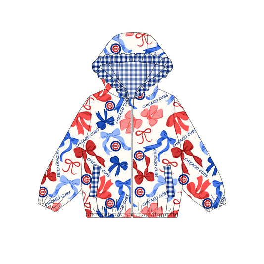(Custom Design Preorder MOQ 5) Team's CHICAGO CUBS Bows Print Pockets Girls Long Sleeve Zipper Jackets Top