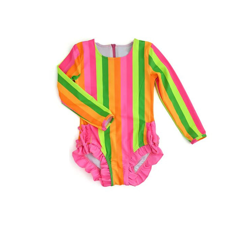 (Custom Design Preorder MOQ 5) Stripes Print Girls 1 Piece Long Sleeve Swimsuits