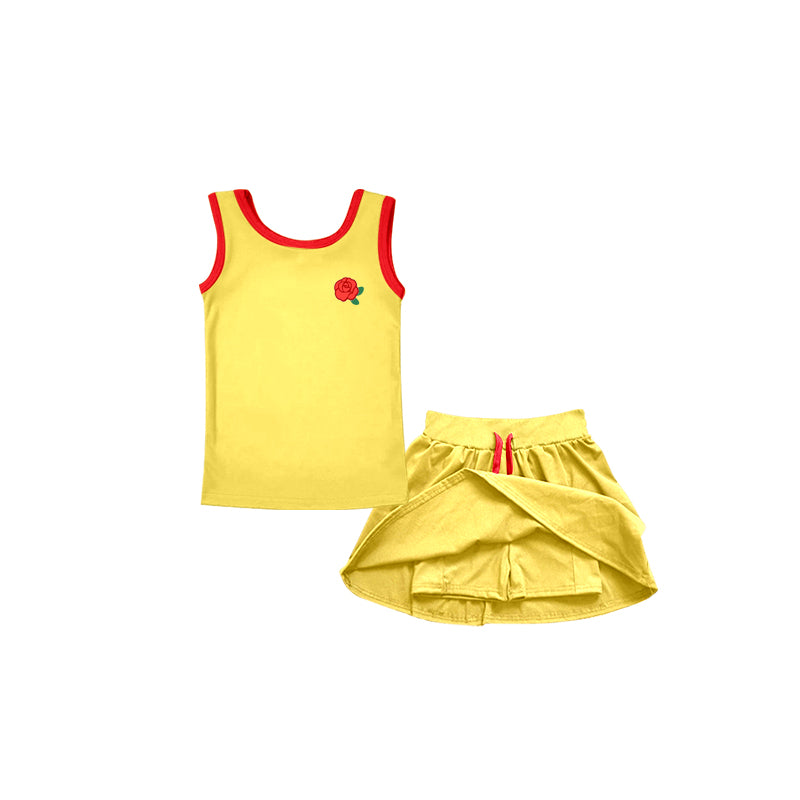 (Custom Design Preorder MOQ 5) Cartoon Princess Rose Yellow Print Skirts With Shorts Girls Summer Clothes Sets
