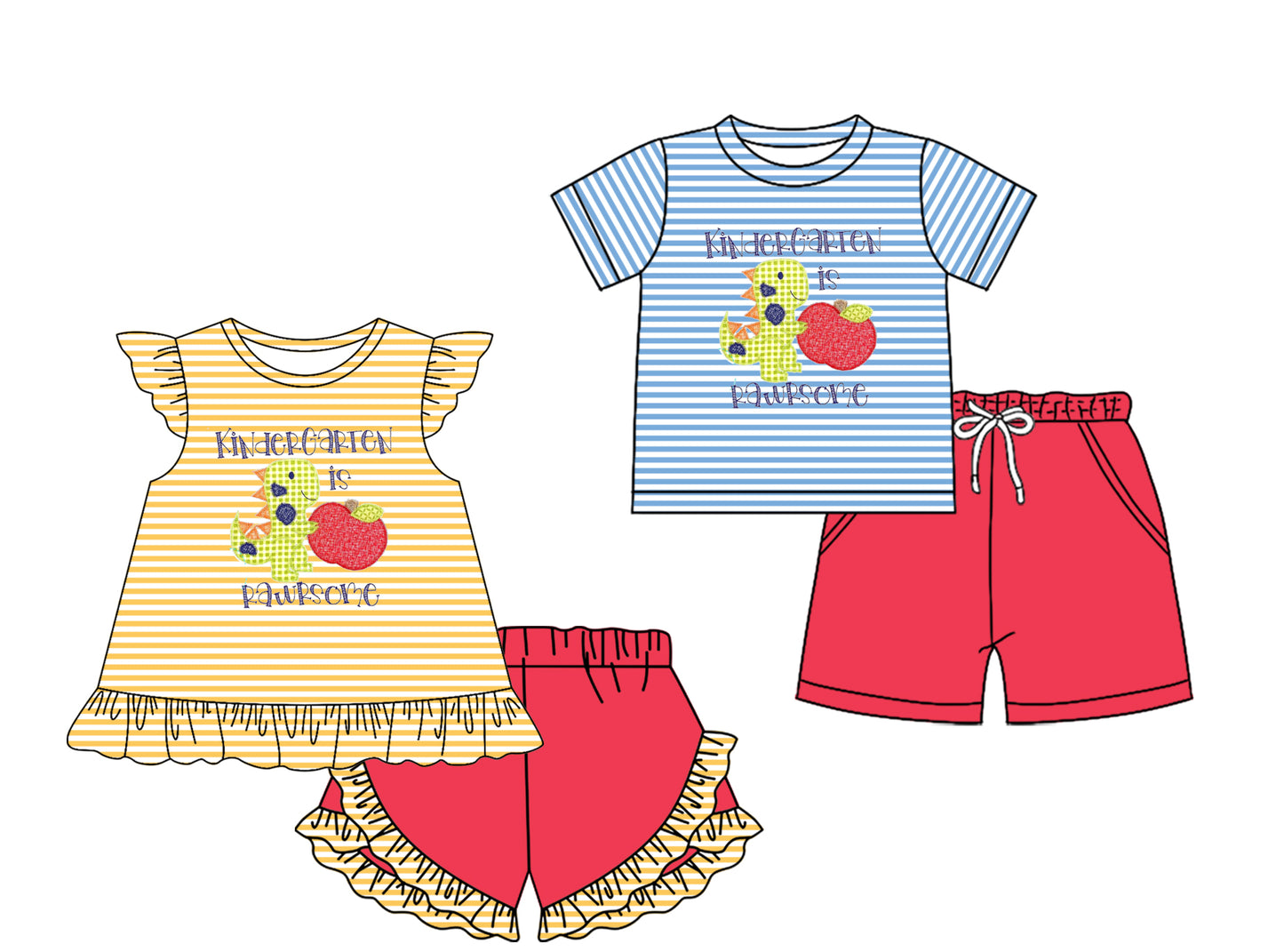 2.7(Custom Design Preorder MOQ 5 Each Design) Dino Apple Stripes Print Kids Back to School Matching Clothes Sibling Wear