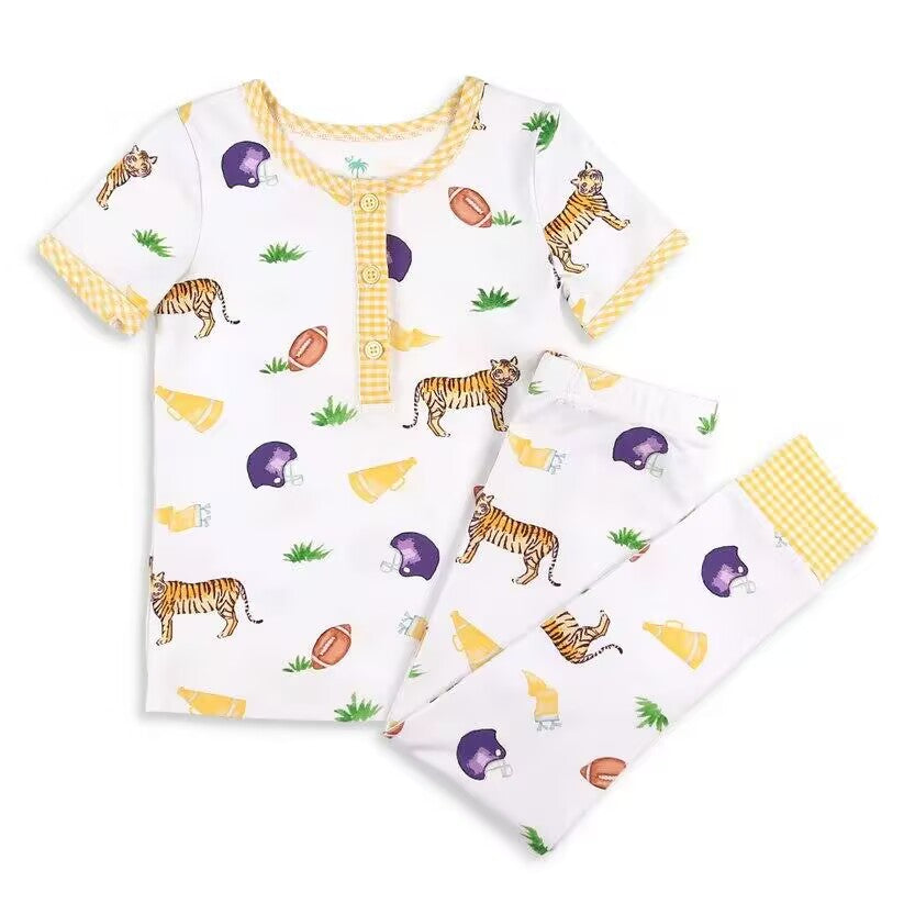 (Custom Design Preorder MOQ 5) Tiger Football Yellow Plaid Print Kids Pajamas Clothes Set