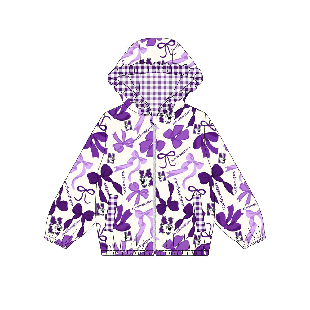 (Custom Design Preorder MOQ 5) Team's NORTHWESTEM Bows Print Pockets Girls Long Sleeve Zipper Jackets Top