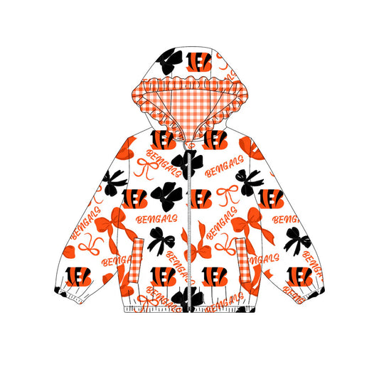 (Custom Design Preorder MOQ 5) Bengals Bows Print Pockets Girls Long Sleeve Zipper Jackets Top