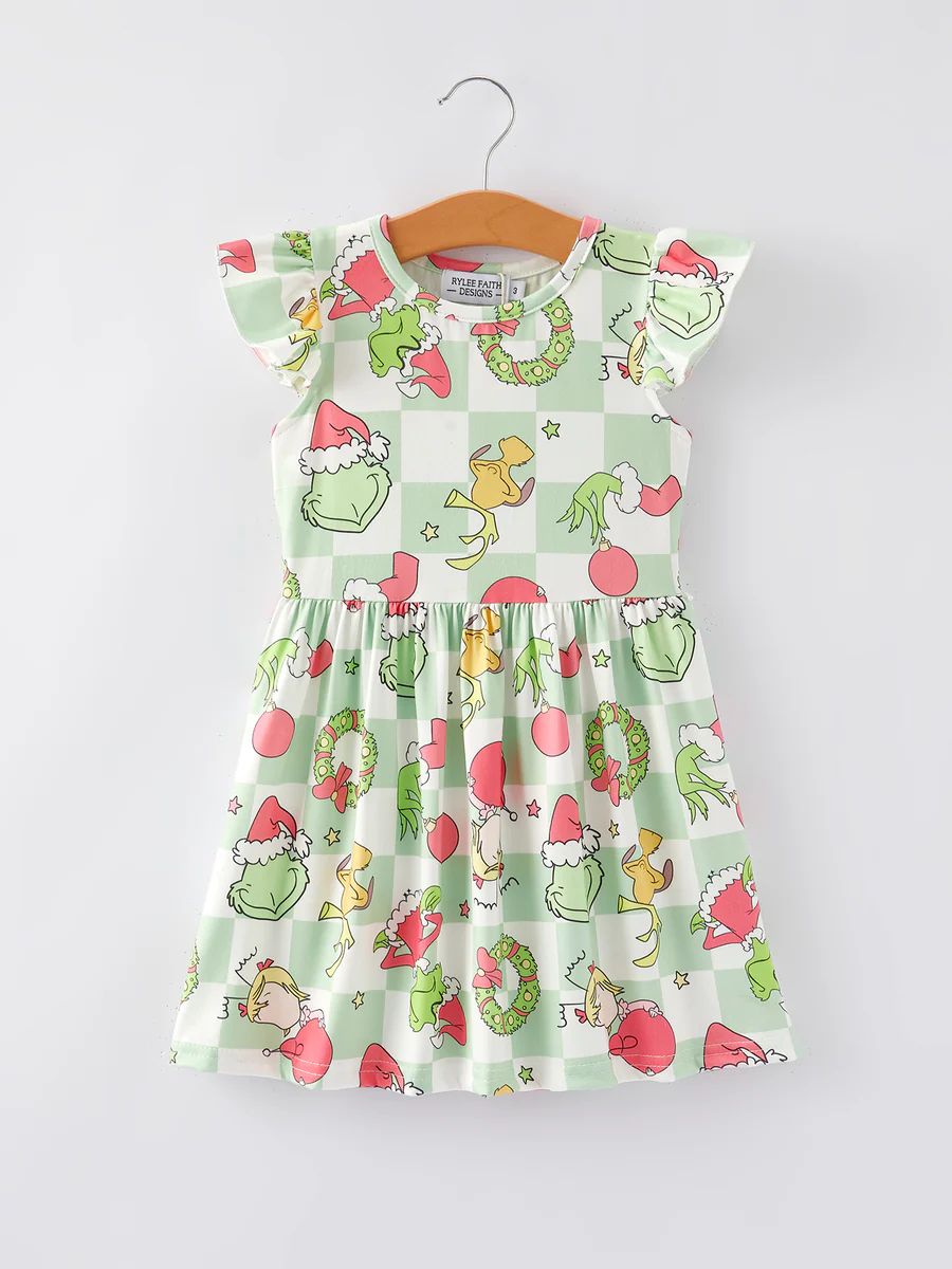 (Custom Design Preorder MOQ 5) Green Frog Plaid Print Girls Christmas Knee Length Dress