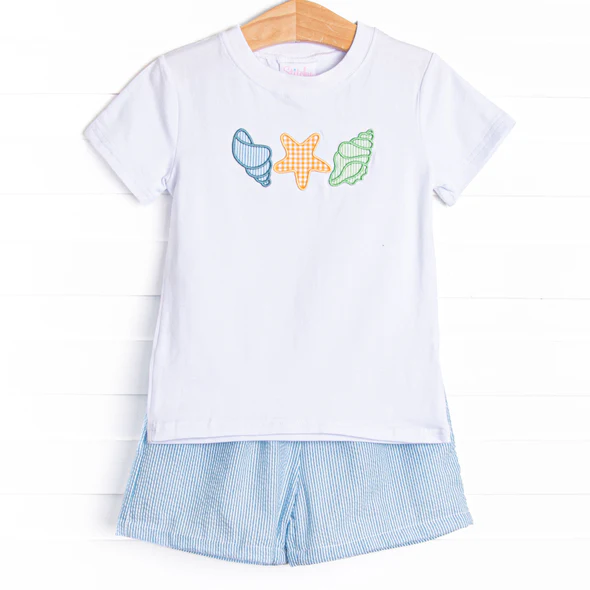 (Custom Design Preorder MOQ 5) Shell Top Stripes Shorts Boys Summer Clothes Set