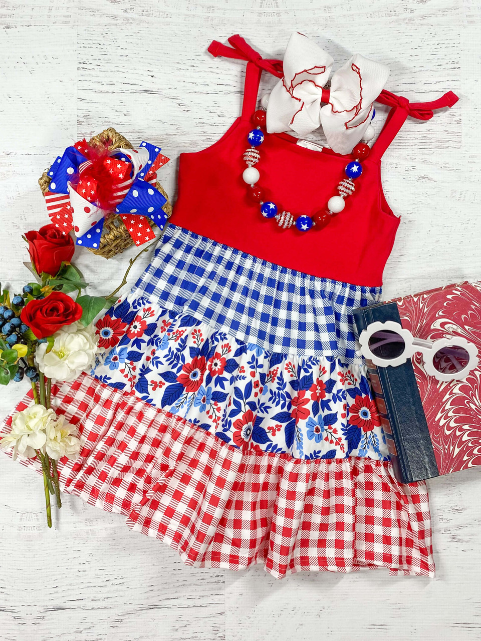 (Custom Design Preorder MOQ 5) Flowers Print Girls 4th of July Knee Length Dress