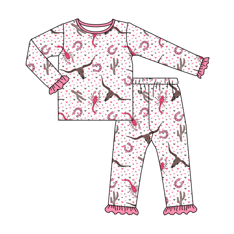 (Custom Design Preorder MOQ 20) Cow Skull Heart Print Girls Western Bamboo Pajamas Clothes Set