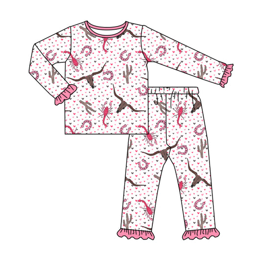 (Custom Design Preorder MOQ 20) Cow Skull Heart Print Girls Western Bamboo Pajamas Clothes Set
