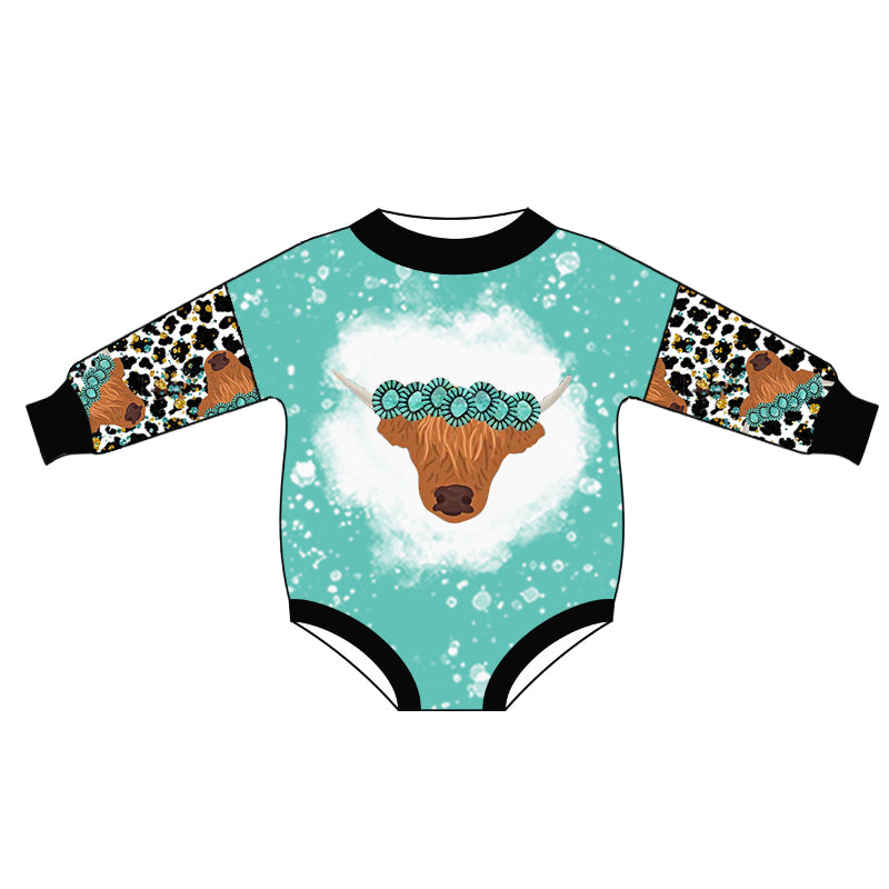 (Custom Design Preorder MOQ 5) Highland Cow Turquoise Leopard Print Baby Girls Western Romper