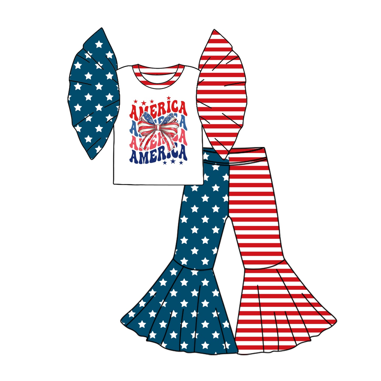 2.24(Custom Design Preorder MOQ 5) America Bow Top Stars Stripes Bell Pants Girls 4th of July Clothes Set